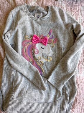 Gymboree Gray Unicorn Sweater with Pink Bow and Multicolor Mane